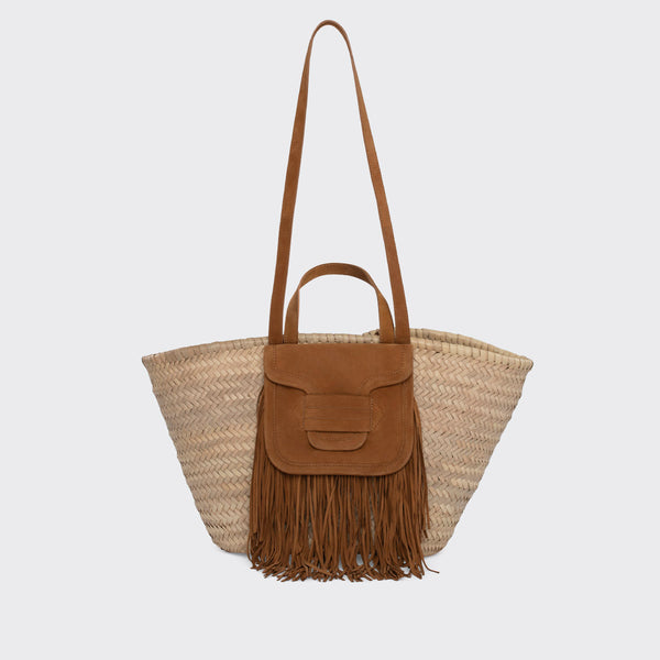 ALPHA RODEO basket for women in raffia & camel leather