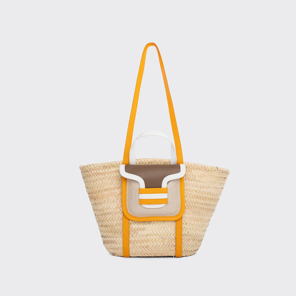 ALPHA basket for women in natural raffia and off-white & camel
